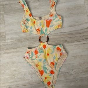 Montce Floral Cutout One Piece Swimsuit - Cream, Orange, Green